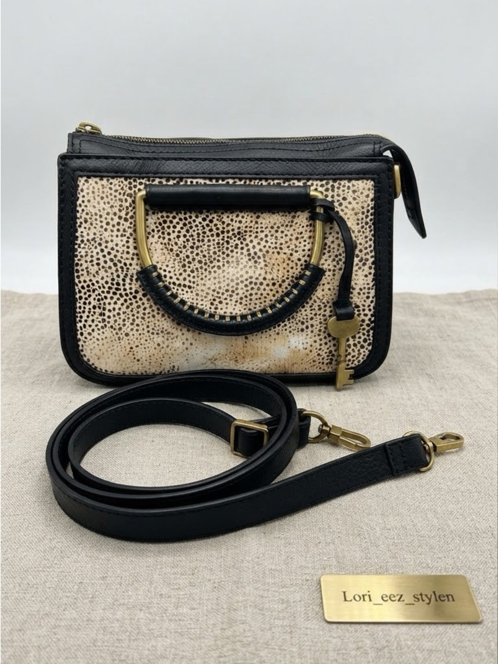 Small Black and Cream Crossbody Bag with Gold Handle